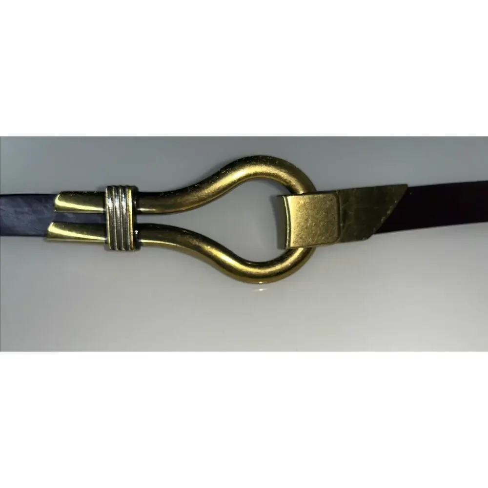 Chico's Boho Skinny Leather Belt, Adjustable Gold Toned Equestrian Hook Clasp